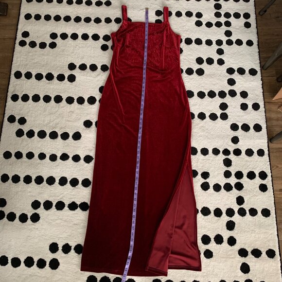 Vintage 90s Red Velvet Maxi Slip Dress Square Neck Glitter Side Slit Long Gown - Picture 16 of 16
